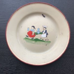 Vintage Cartoon Metal Plate Bowl Raised Enamel Colorful Center Picture Art